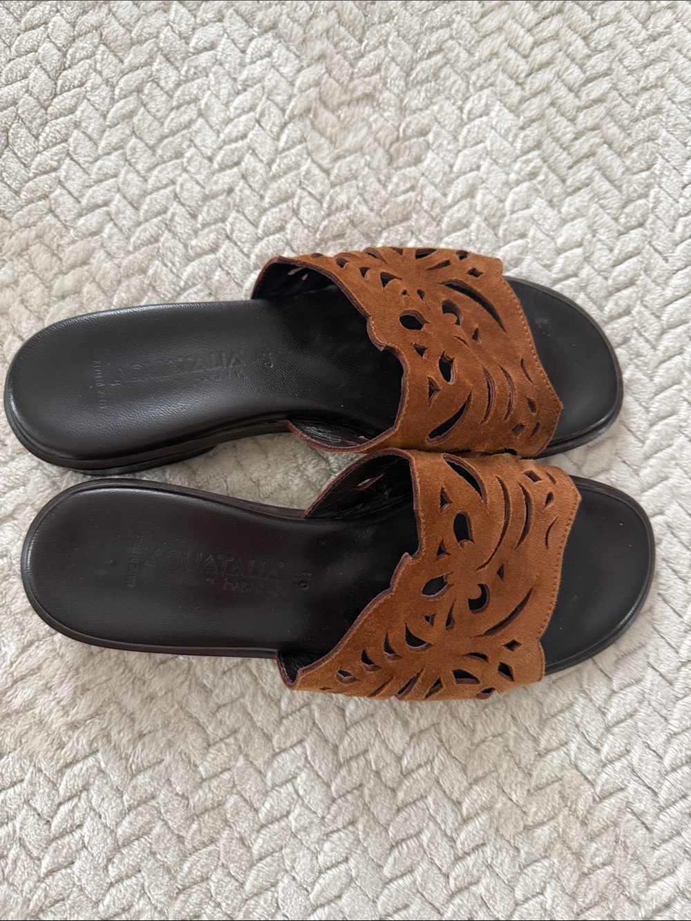 Aquatalia Women’s Slide Sandals with Brown Suede Cutout Upper